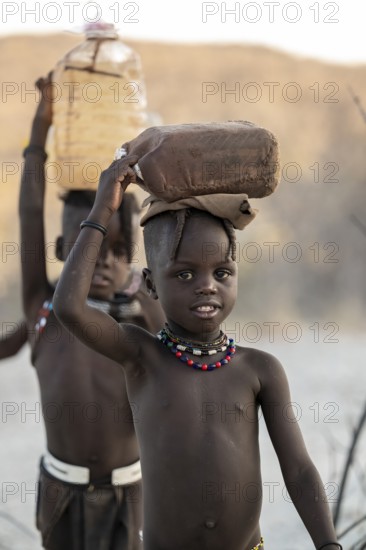 Himba children fetches water, carries canisters, traditional Himba, Kaokoveld, Kunene, Namibia