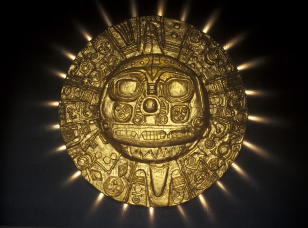 Golden Inca motif in the National Museum in Lima, Peru, South America, September 1997, vintage,