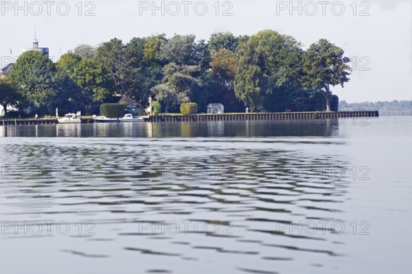 Tranquil landscape (Wilhelmstein Island) on the lakeshore with a dense row of trees and boats on