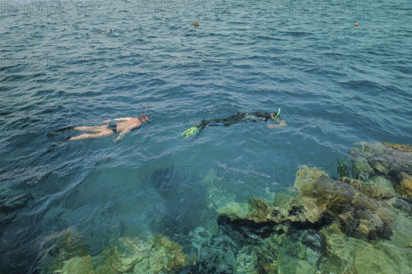 Two snorkelers snorkeling at water surface sea surface of the Red Sea, left man without sun