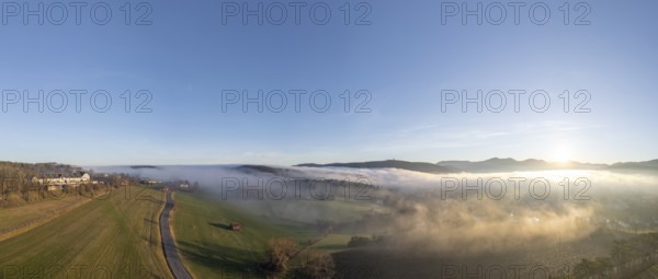Aerial view of fog and Kremesberg estate, Berndorf, Lower Austria, Austria