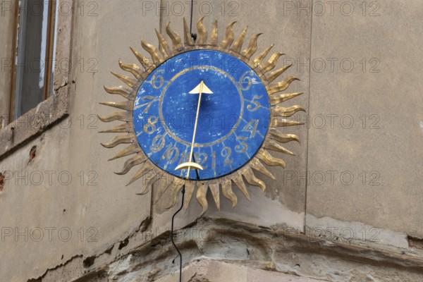 Artfully designed sundial with blue dial, Altenburg, Thuringia, Germany