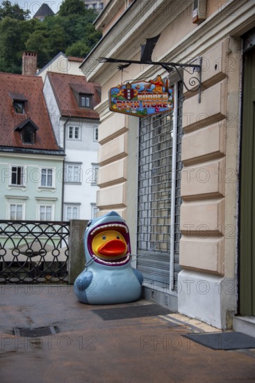 Oversized plastic duck in shark costume, Ljubljana, Slovenia