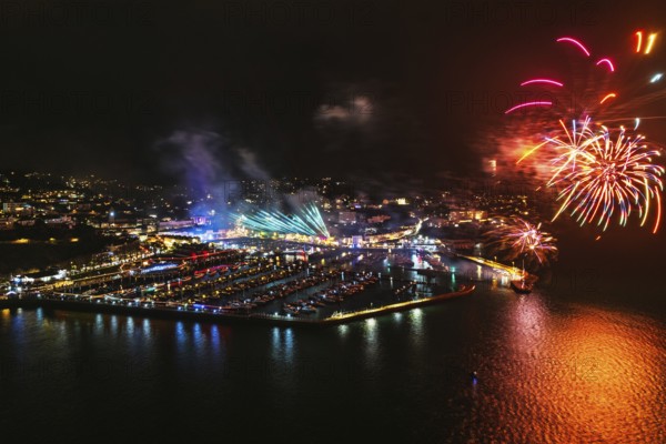 Bay of Lights Illumination Trail Fireworks over Torquay Horbour from a drone, Torbay, Devon,