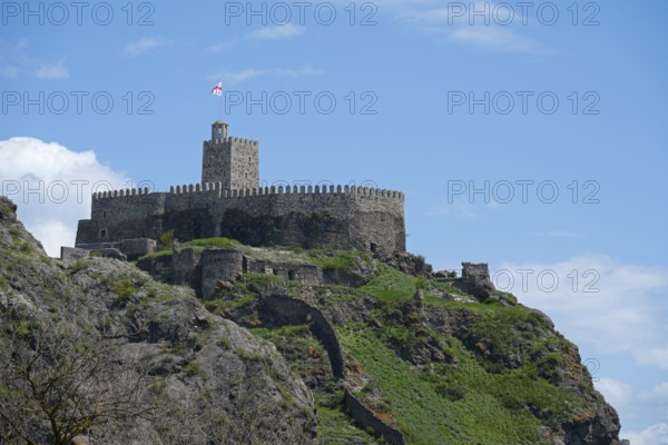 Medieval castle on a steep hill with stone walls and a watchtower under a blue sky, Rabati