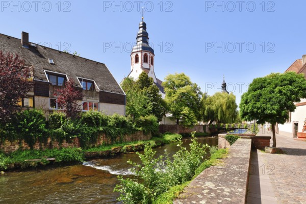 Ettlingen, Germany - August 13th 2025: Alb brook in historic center with church tower of Roman