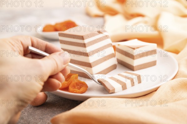 Cocoa and milk jelly with dried apricots with hand on brown concrete background and orange textile,