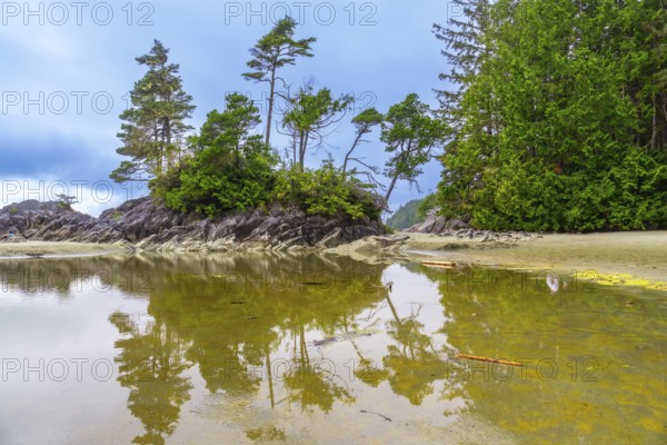 Serene coastal landscape featuring a lush green islet surrounded by shallow, reflective waters in