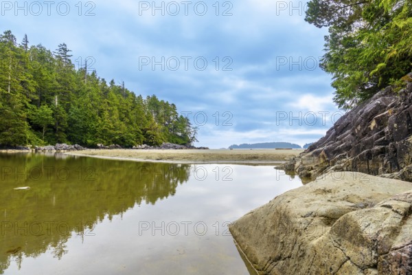 Tranquil ocean inlet reflecting trees and sky on a cloudy day in tofino, a popular tourist