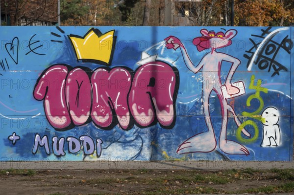 Graffiti with Paulchen Panther in the schoolyard of a secondary school, Röthebach, Middle