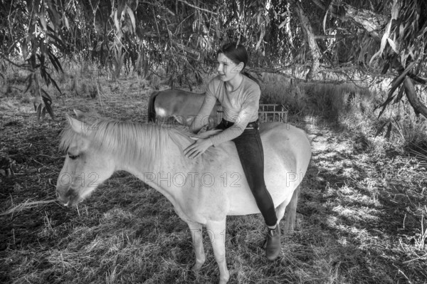 Young girl sitting on her white mare under a willow (Salix), black and white, Othenstorf,