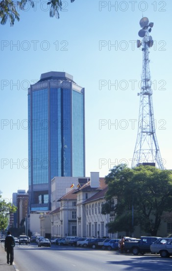 High-rise building and television tower in the city center of Harare, Zimbabwe, Africa, June 2000,