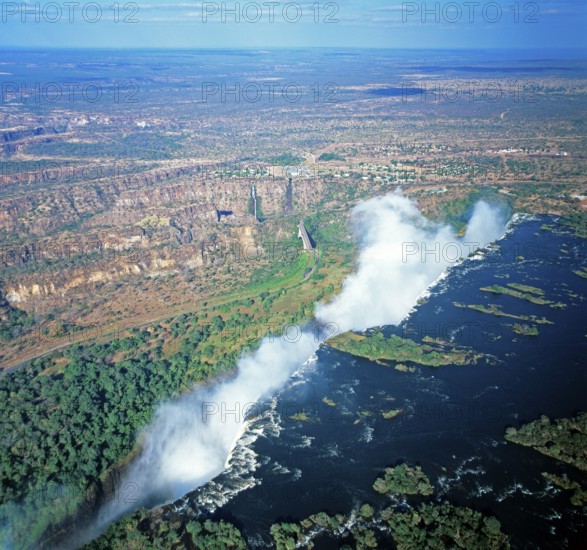 Aerial view, Victoria Falls, Zambezi, Zimbabwe, Africa, June 2000, vintage, retro, old, historic