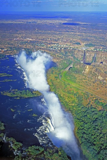 Aerial view, Victoria Falls, Zambezi, Zambezi Bridge, Zimbabwe, Africa, June 2000, vintage, retro,