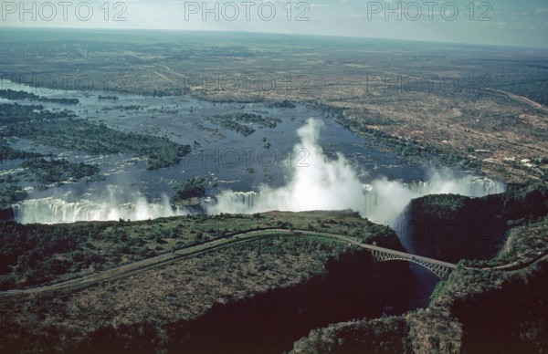 Aerial view, Victoria Falls, Zambezi, Zambezi Bridge, Zimbabwe, Africa, June 2000, vintage, retro,
