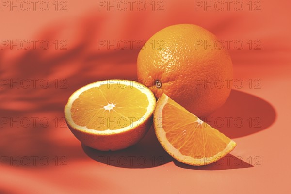 On the coral surface, next to two neatly sliced slices, there is a whole orange. Sunlight casts