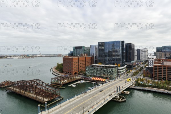 View of Northern Avenue Bridge over Fort Point Channel, steel swing bridge, Seaport District,