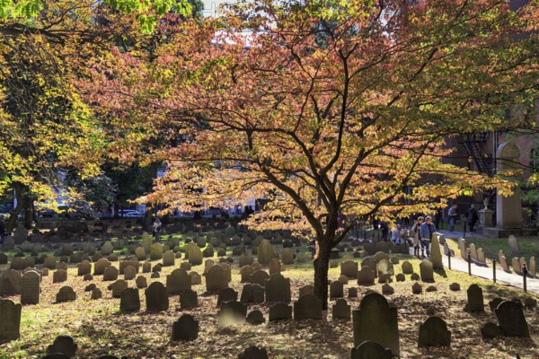 Grave rows, historic cemetery in Indian Summer, tourists, Granary Burying Ground, Tremont Street,