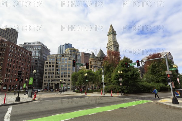 Government Center with Boston City Hall and Custom House Tower, Clock Tower, Passerby, Road