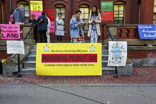Posters, students at protest action, Indigenous Peoples' Day in October, history and culture,