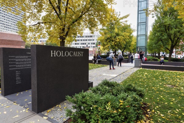 New England Holocaust Memorial stone with inscription, walker, Carmen Park, Freedom Trail,