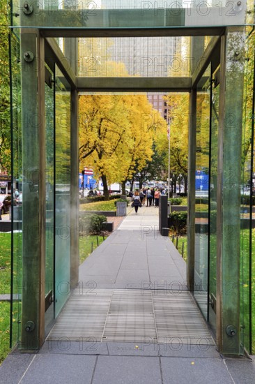 Glass tower, passageway, death camp symbol, Indian Summer, New England Holocaust Memorial, walker,