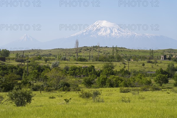 Green pasture with snow-covered mountain in the background and scattered huts, view of large and