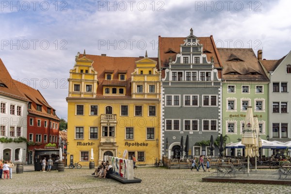 Town houses and Meissen lettering on the market square in Meissen, Saxony, Germany