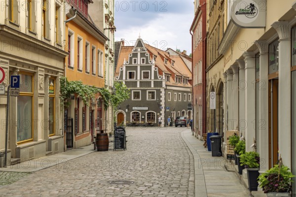 Alley in the old town and the Protestant Church of Our Lady in Meissen, Saxony, Germany