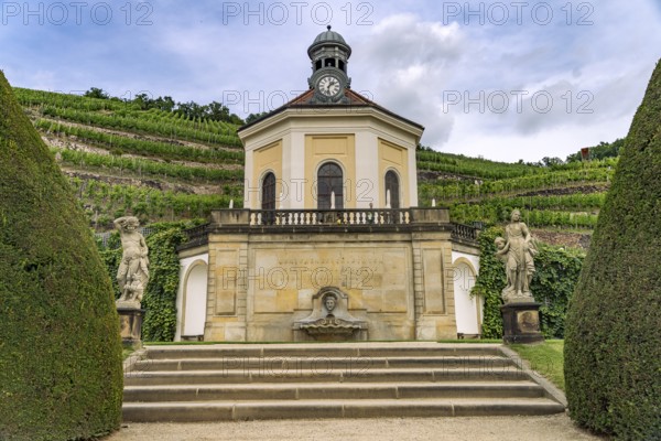 Belvedere and vineyard of the Saxon State Winery Schloss Wackerbarth or Wackerbarth's Ruh' in