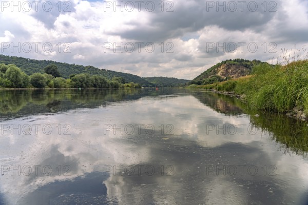 The Elbe and the Bosel hill of the Spaargebirge near Meissen, Saxony, Germany