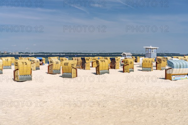 Beach chairs on the beach of Laboe on the Kiel Fjord, Laboe, Schleswig-Holstein, Germany