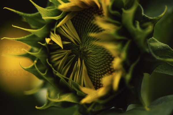 Sunflower (Helianthus annuus) detailed artistic close-up of an opening flower head with green
