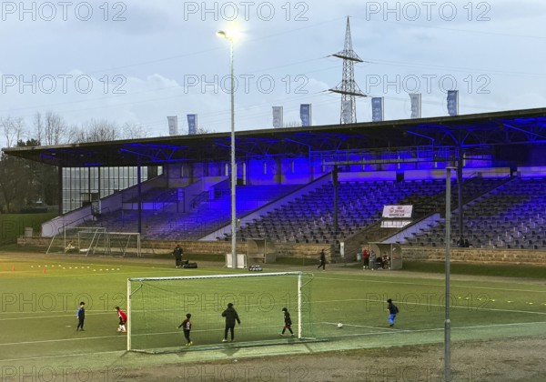 Youth training in the royal blue Glückauf Kampfbahn of FC Schalke 04, Gelsenkirchen, Ruhr area,