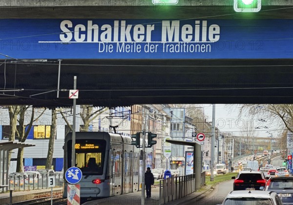 Schalker Meile logo on the A42 motorway bridge, Schalke district exit, Gelsenkirchen, Ruhr area,