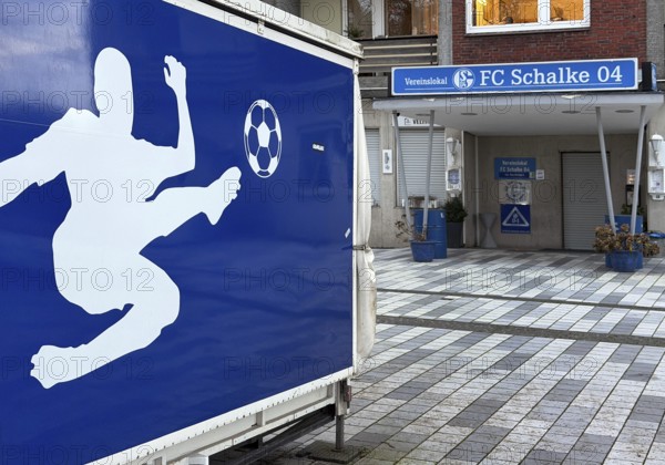 Royal blue and white soccer graphic at the club house of FC Schlake 04, Gelsenkirchen-Schalke, Ruhr