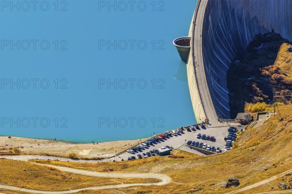 The dam and turquoise lake Lac de Moiry, Val d'Anniviers, Valais Alps, Canton of Valais,