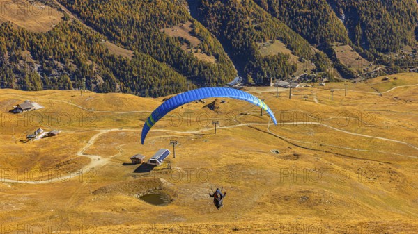 A paraglider takes off from the summit of Corne de Sorebois, Val d'Anniviers, Valais Alps, Canton