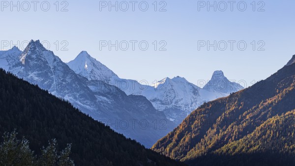 The snow-capped peaks of the Besso, Obergabelhorn and Matterhorn mountains, Val d'Anniviers, Valais