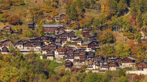 The mountain village of Pinsec with autumn colors, Val d'Anniviers, Valais Alps, Canton of Valais,