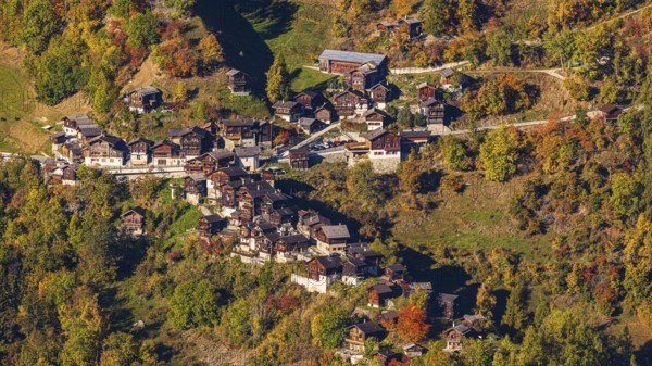 Mountain village of Pinsec with autumn colors, Val d'Anniviers, Valais Alps, Canton of Valais,