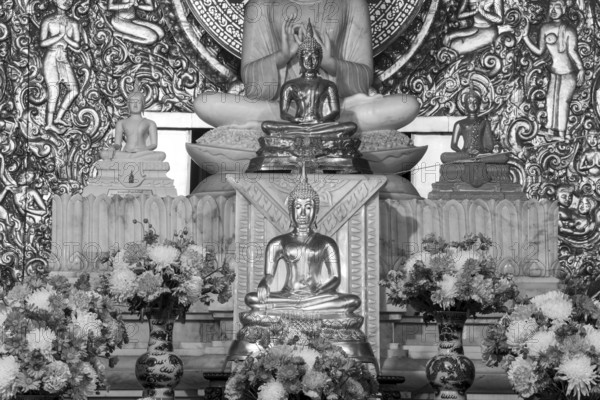 Various Buddha statues, Bhumispara mudra, Buddha Gautama at the moment of enlightenment, as well as