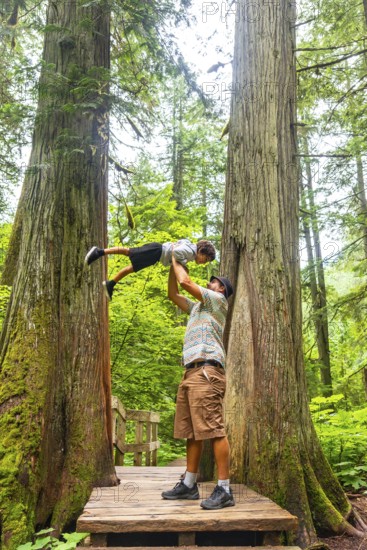 Father playfully lifting son in the air among towering ancient cedars on the giant cedars boardwalk