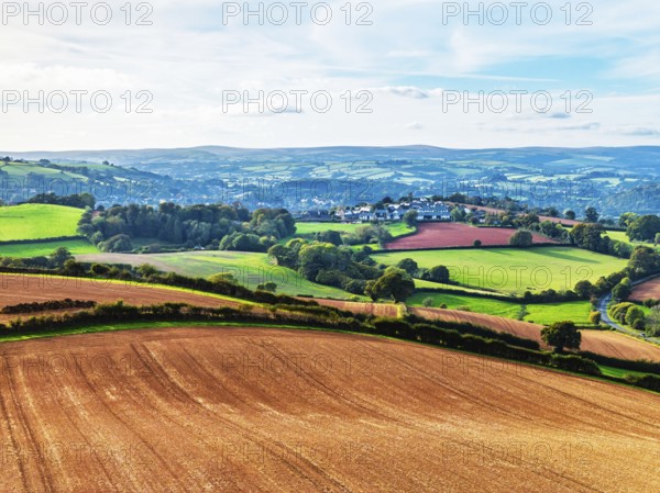 Colours of Devon Farms and Fields over Paignton and Berry Pomeroy from a drone, Totnes, England,