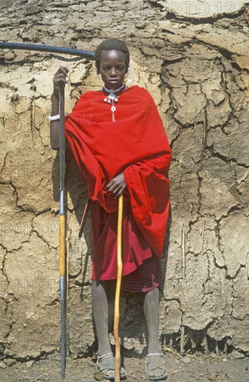 Maasai boy standing guard, teenager, Ngorongoro Crater, Tanzania, Africa, June 2000, vintage,