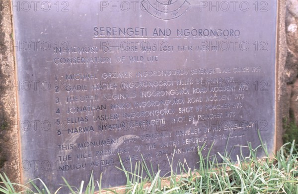 Memorial plaque for Michael Grzimek and others on the edge of the Ngorongoro crater, Tanzania,