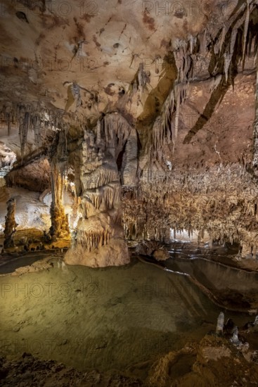 Stalactites and stalagmites, rock formations in a stalactite cave with water basin, Grotta del