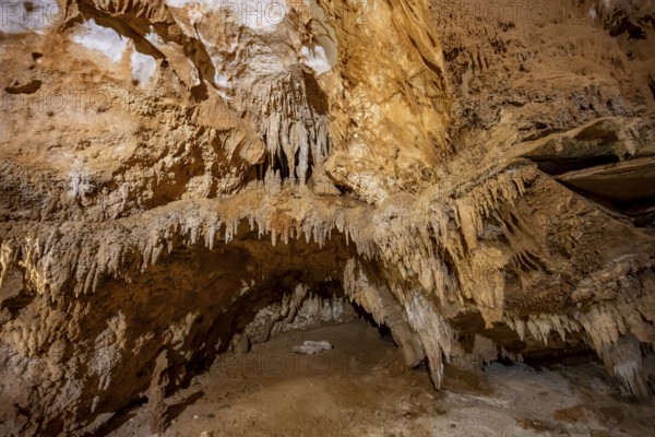 Stalactites and rock formations in a stalactite cave, Grotta del Fico, Gulf of Orosei, Baunei,