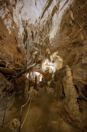 Stalactites and rock formations in a stalactite cave, Grotta del Fico, Gulf of Orosei, Baunei,