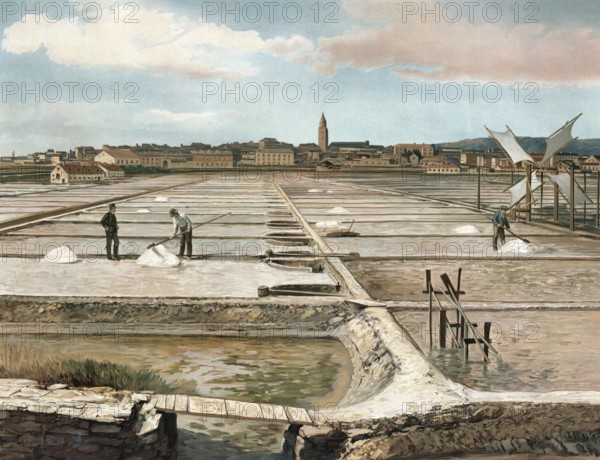 Salt mining, sea salt, salt pans at Capo d'Istria, Istria, authentic reproduction of a school